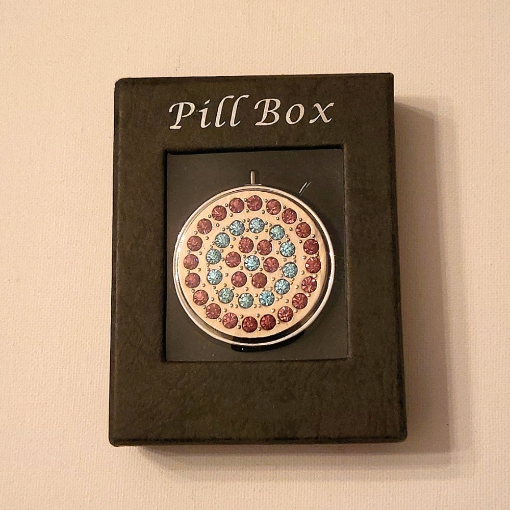 NEW Bejeweled Pillbox, Pink & Blue Crystals, Silver-tone